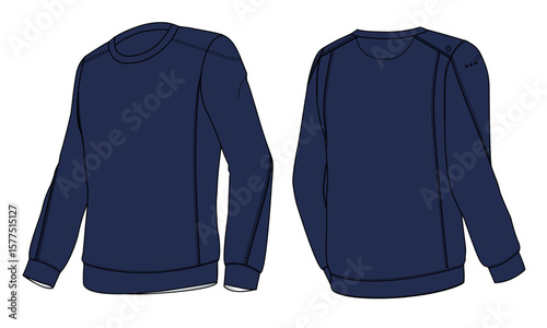 Long sleeve Sweatshirt technical fashion flat sketch vector illustration navy color template front and back views. Fleece jersey sweatshirt sweater jumper for men's and boys.
