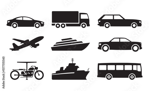 Collection of black silhouettes of various modes of transportation