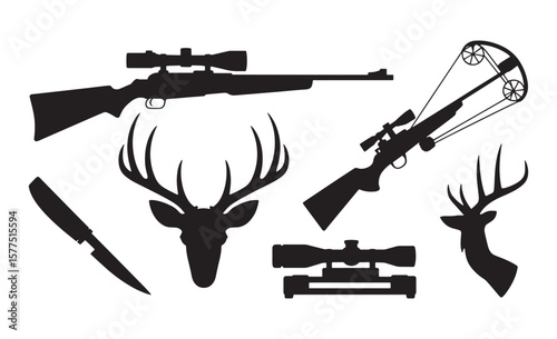Hunting gear silhouettes featuring rifles deer antlers crossbow and knife