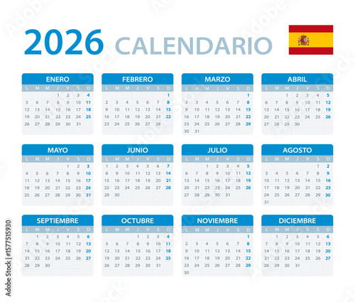 2026 Calendar - vector template graphic illustration - Spanish language Version - Spain