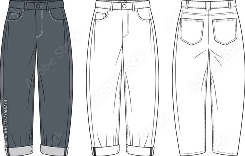 Boyfriend jeans flat sketch, cuffed hem, front and back view, fashion technical drawing, women denim pants template, casual style.