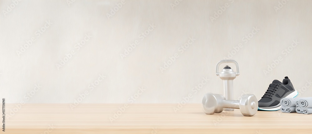 Obraz premium Fitness accessories on wooden surface backdrop