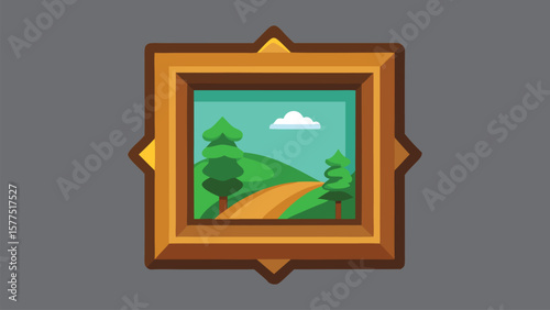 Landscape Frame Illustration: A charming framed landscape illustration displays a serene hilltop vista with a winding road, set against a gentle sky.