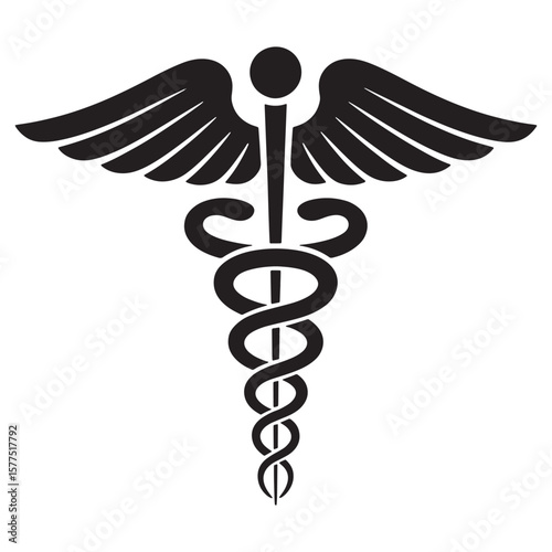 Black caduceus symbol with wings and serpent on white background