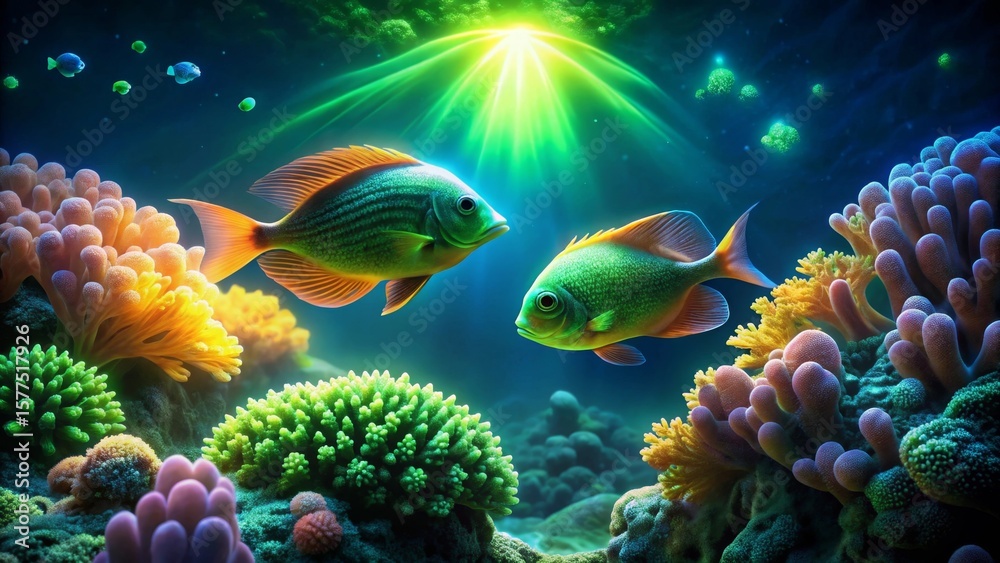 Obraz premium Two Vibrant Tropical Fish Swim Gracefully Amidst a Lush Underwater Coral Reef Ecosystem, Illuminated by a Celestial Light Source
