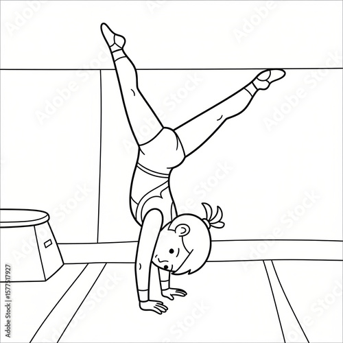 Girl handstand beam show gymnastic balance strength coloring page