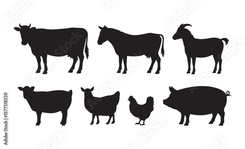 Collection of black silhouettes of farm animals on a white background