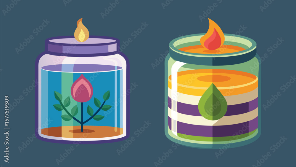 Fototapeta premium Illuminating Aromas: Two charming, illustrated candle jars, each with a unique design. One features a delicate floral motif, the other showcases layered wax and a fresh scent symbol.