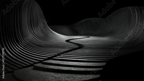 Dark, abstract architectural scene with undulating forms