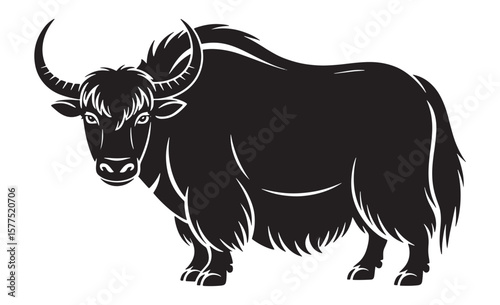 Black silhouette of a majestic yak with large curved horns