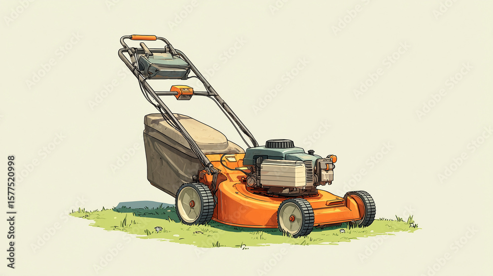 Fototapeta premium Modern Lawn Mower on Green Grass – Garden Equipment Concept