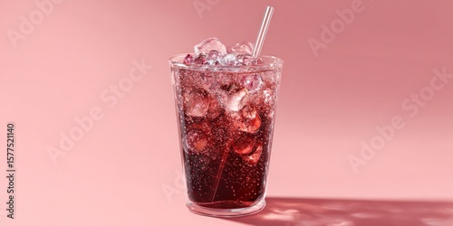 Photo of a refreshing glass of dark soda with ice and a straw sits against a soft pink background, casting a subtle shadow