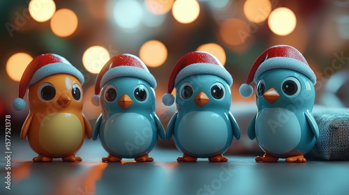 Four small, stylized penguins in Santa hats, standing in a row, against a blurred background of Christmas lights