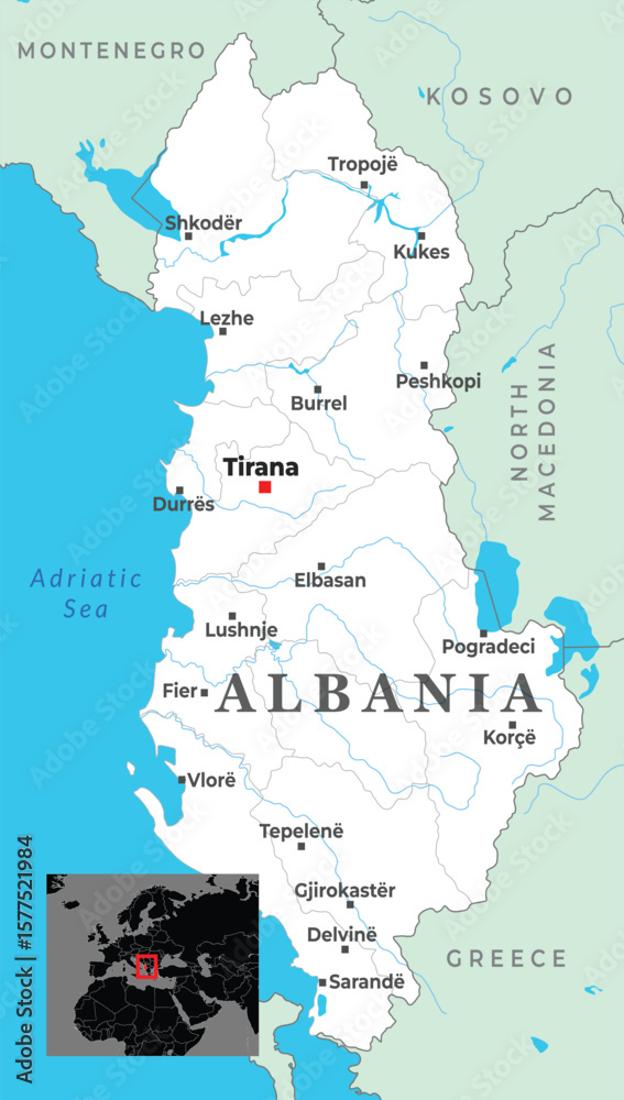 Fototapeta premium Map of Albania showing major cities, borders with neighboring countries, and coastal access to the Adriatic Sea in Southeastern Europe.