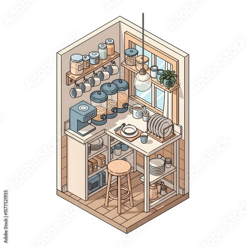 Isometric pixel art kitchen with blue and beige tones featuring storage shelves, a coffee maker, a stool, and a window overlooking sky and green plants
