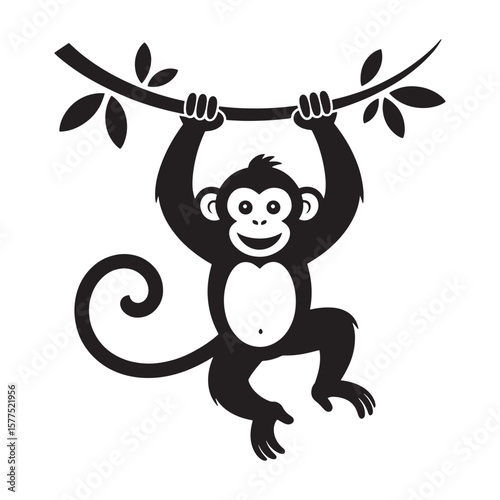Happy monkey swinging from a tree branch with leaves in a playful pose