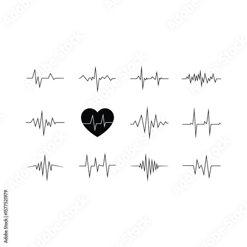 Collection of black and white heartbeat line art representing medical healthcare and health