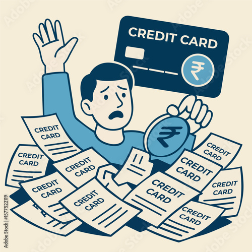 Illustration of credit card debt stress with a person surrounded by bills and rupee symbols