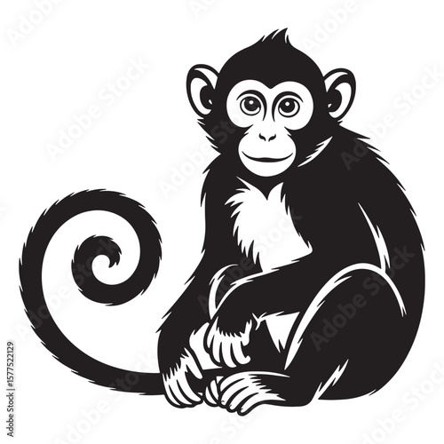 Stylized black and white illustration of a sitting monkey with a curled tail