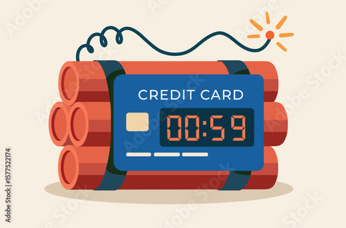 Credit card attached to dynamite with a lit fuse and countdown timer, symbolising urgent financial risk