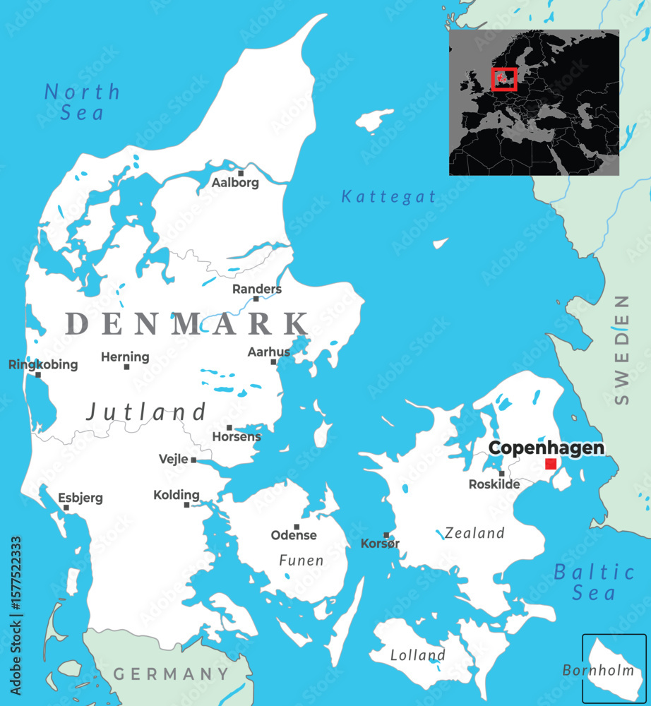 Obraz premium Map of Denmark showing key cities including Copenhagen, Aarhus, and Odense, coastal access to surrounding seas, and its location in Northern Europe