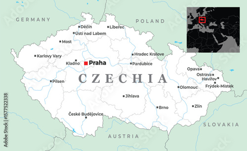 Map of Czechia showing key cities like Prague, Brno, Ostrava, and its borders with Germany, Poland, Slovakia, and Austria, placed in Central Europe