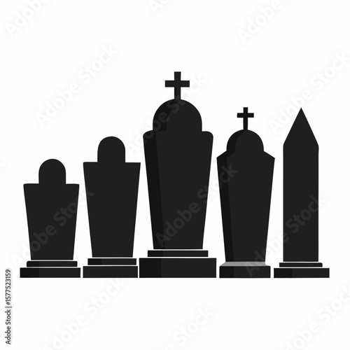 A row of diverse black gravestones and tombstones with crosses and an obelisk