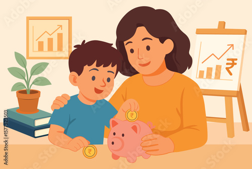 Mother teaching a child about saving money using a piggy bank, with financial growth elements like charts and currency symbols in the background