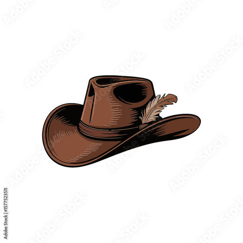 A vector illustration of a classic brown cowboy hat against a solid white background. The hat is crafted from worn leather with subtle stitching details and a slightly upturned brim.