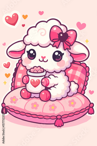 Cute kawaii cartoon sheep with jam jar sitting on pillows, sparkling eyes and cozy Valentine's Day mood, flat vector isolated on white background