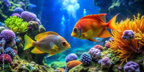 Vibrant Reef Inhabitants Two Colorful Fish Gracefully Swim Amidst a Lush Coral Garden, a Scene of Underwater Serenity and Beauty