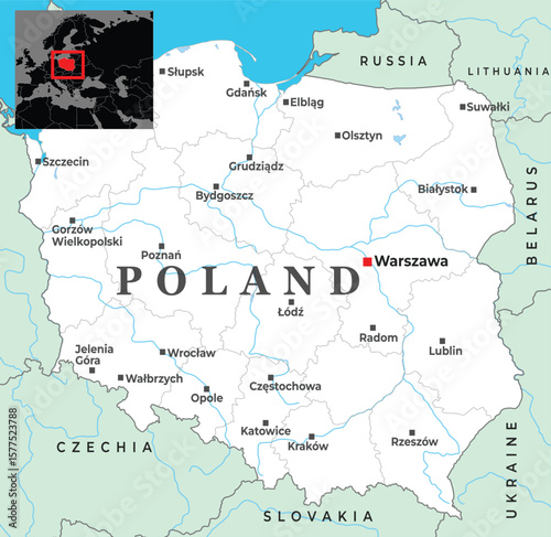Political map of Poland showing major cities, national borders, and its central location in Eastern Europe with Warsaw highlighted prominently