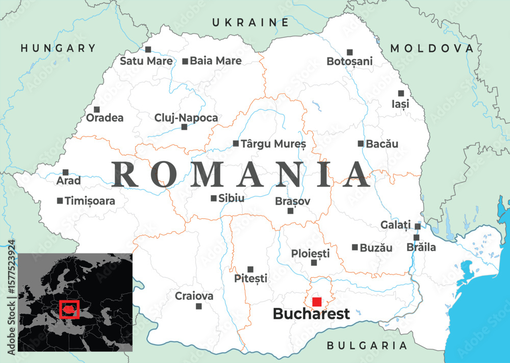 Obraz premium Political map of Romania highlighting major cities, neighboring countries, and its location in Eastern Europe with an inset view