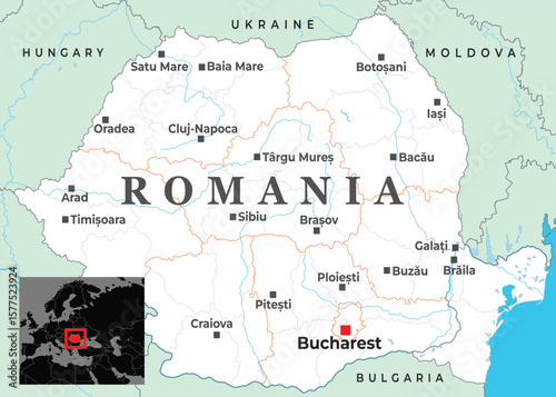 Political map of Romania highlighting major cities, neighboring countries, and its location in Eastern Europe with an inset view