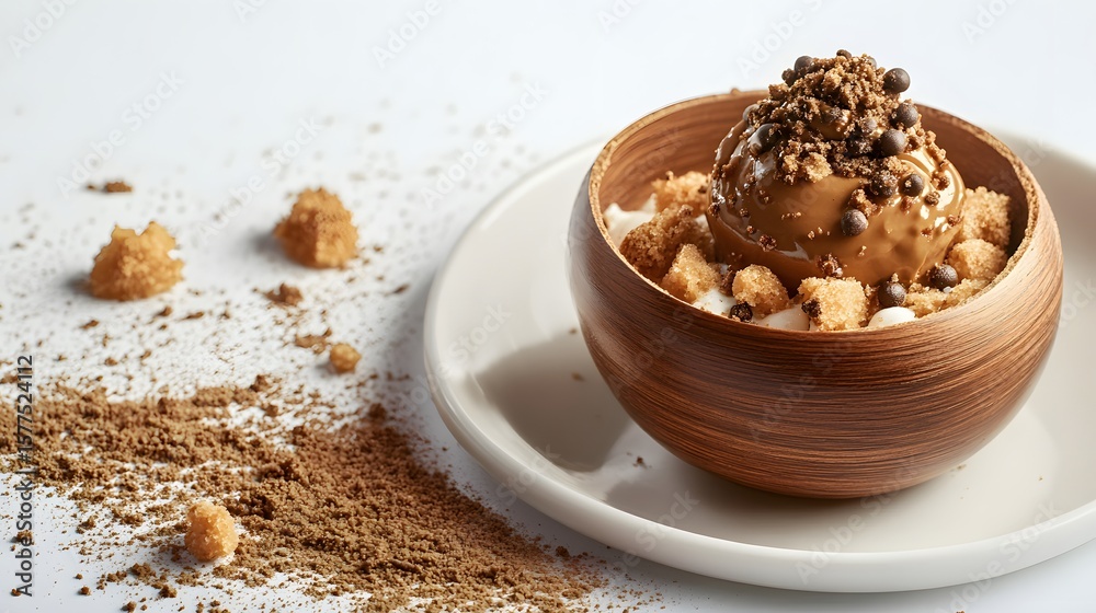 custom made wallpaper toronto digitalExquisite dessert presentation with caramel ice cream, chocolate sprinkles, and crumbs in a wooden bowl.
