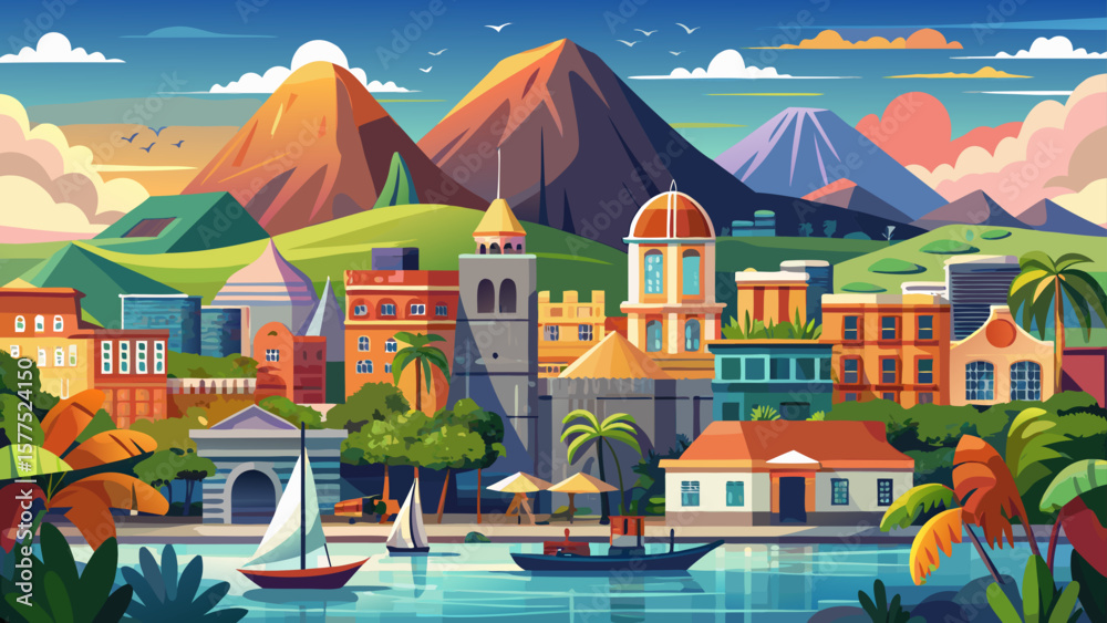 Naklejka premium Port Louis, Mauritius – Mountains rise behind this island capital. Colorful port life, colonial buildings, and tropical gardens sparkle under soft island sunlight.