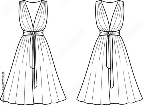 Elegant sleeveless maxi dress with deep V-neck and waist tie, women’s fashion flat sketch vector, technical dress drawing template.