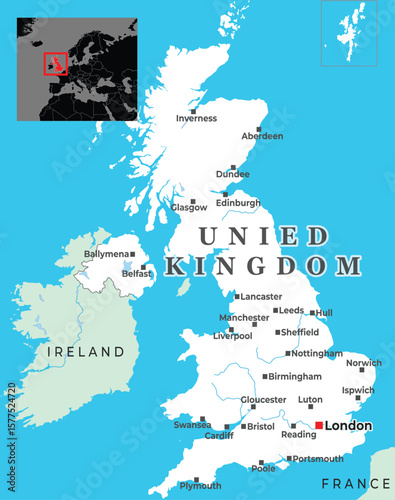 Political map of the United Kingdom and Ireland displaying major cities, territorial outlines, and its location within Europe