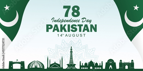Pakistan independence day. 78th Independence Day. August 14 with iconic landmarks, fireworks, and national flag