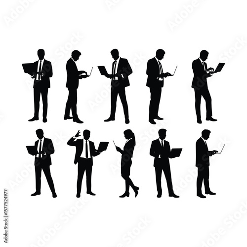 Silhouetted professionals working on laptops illustrating business technology and communication concepts