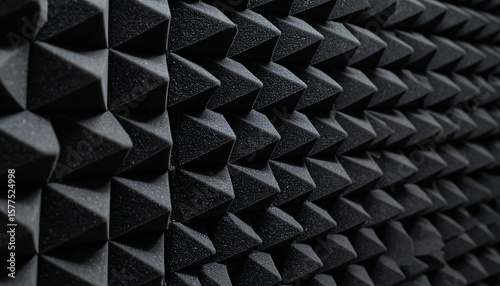 The texture of the black acoustic foam panel with a pyramidal pattern. The background is monophonic, with soft lighting, emphasizing the structure of the material.