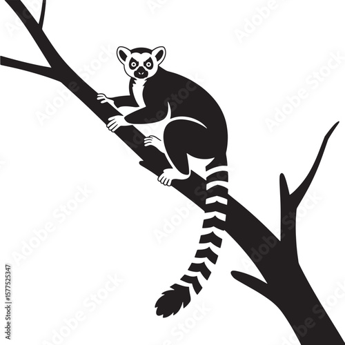 Stylized ring tailed lemur clinging to a tree branch in black and white
