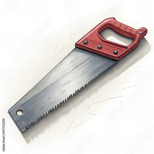 Photorealistic Handsaw with Red Handle on White Background