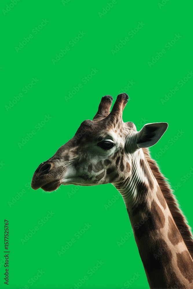 Naklejka premium Giraffe portrait with green background, wildlife animal close-up