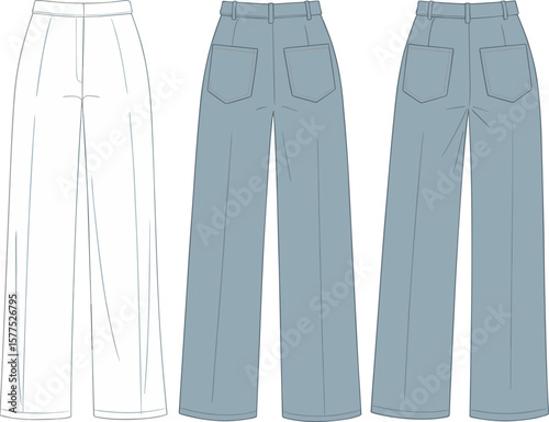 High waist straight leg jeans front back, technical fashion sketch, denim pants vector flat, women’s apparel design, fashion template illustration.