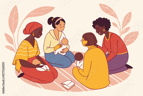 Flat Vector Illustration of Multicultural Mothers at a Breastfeeding Support Group
