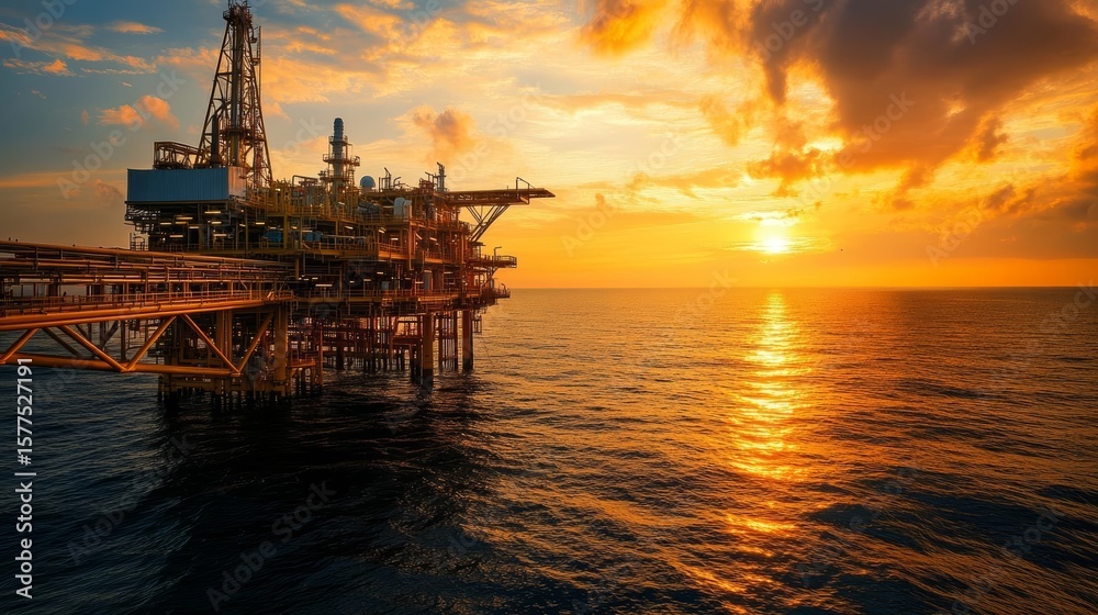 Obraz premium Offshore oil rig platform at sunset, ocean energy, industrial seascape
