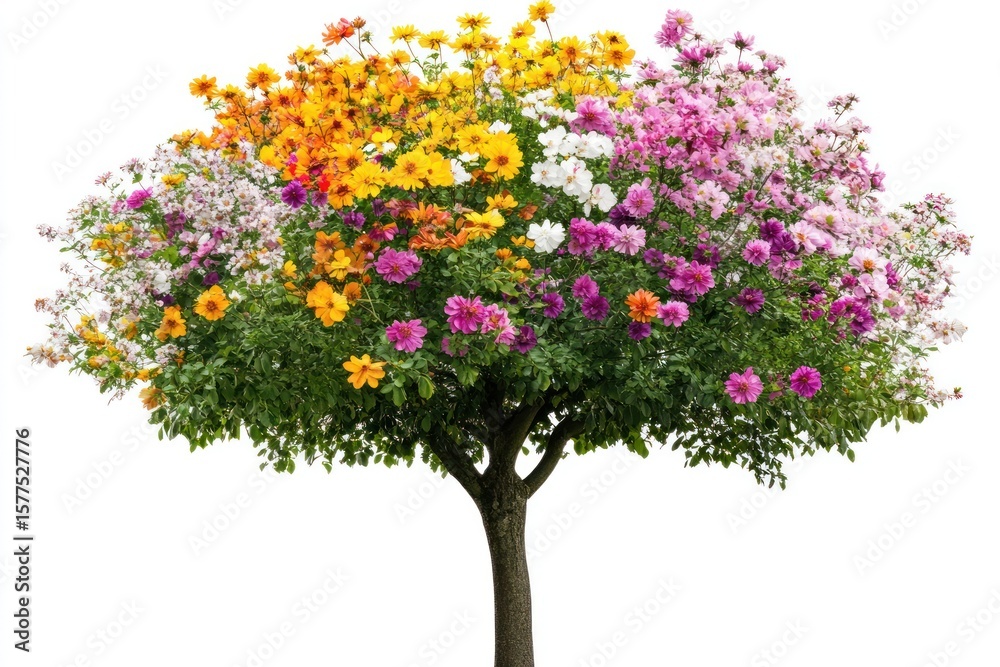 Fototapeta premium A tree in full bloom, isolated on white, showcasing a variety of colorful and delicate flowers