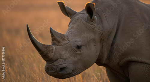 Rhino portrait wildlife photography: majestic rhinoceros in the african savanna
