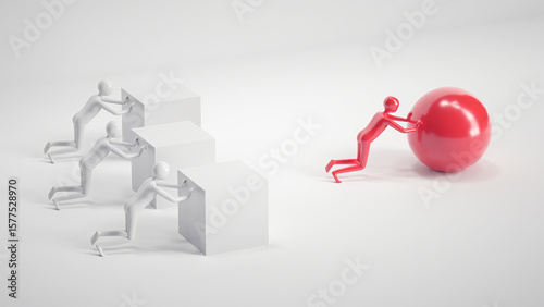 Think Differently | Smart Work vs Hard Work Concept with Red Sphere and White Cubes – 3D
